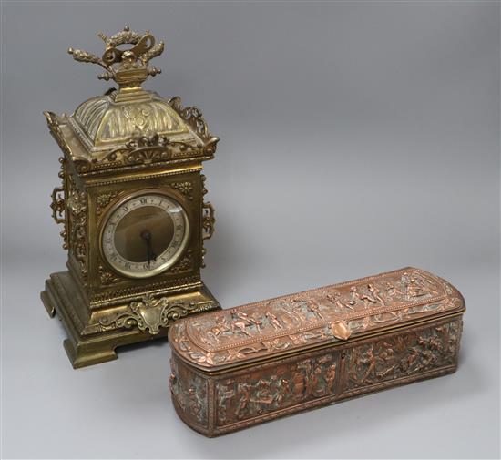 A brass cased mantel timepiece and a French electrotype copper trinket box